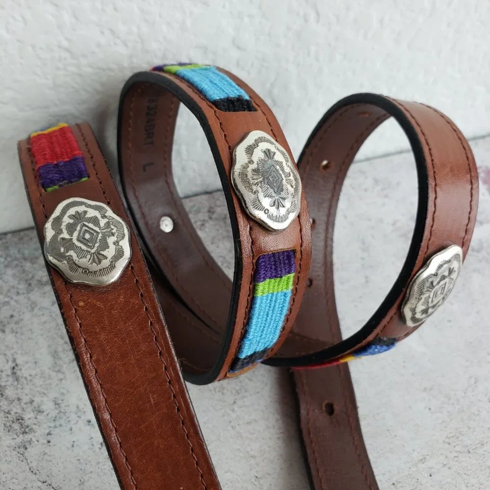 Vintage FOSSIL Leather Belt Bohemian Western Concho Embellished Embroidered sz L